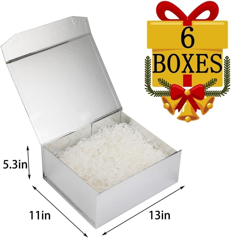 PACKGILO 6 Pcs Silver Gift Box Large 13x11x5.3 Inch Silver Large Gift Box with Crinkle Paper Magnetic Box with Shredded Paper Luxury Gift Boxes with Lids for Presents - Image 3